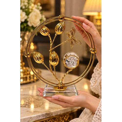 Gold Metal Dekoratif Obje 18x18 cm Cam Küreli Çiçek Figürlü Şık Masa ve Salon Süsü