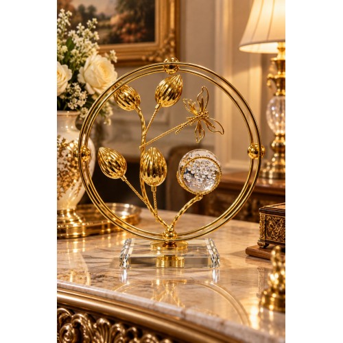 Gold Metal Dekoratif Obje 18x18 cm Cam Küreli Çiçek Figürlü Şık Masa ve Salon Süsü