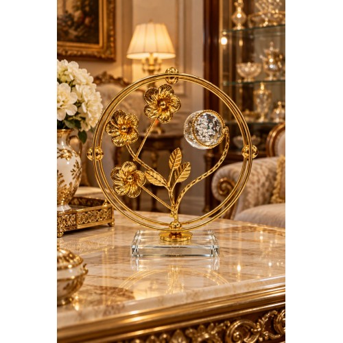 Gold Metal Dekoratif Obje 18x18 cm Cam Küreli Çiçek ve Kelebek Figürlü Masa Süsü