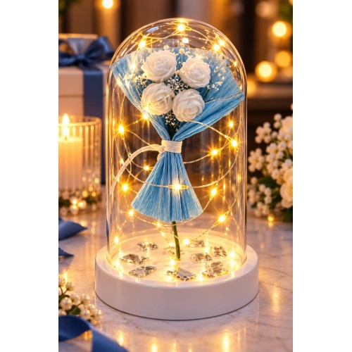 Işıklı Mika Fanus İçinde Mini Beyaz Gül Buketi Romantik Sevgiliye Hediye Dekoratif Aranjman 14 cm