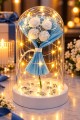 Işıklı Mika Fanus İçinde Mini Beyaz Gül Buketi Romantik Sevgiliye Hediye Dekoratif Aranjman 14 cm
