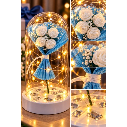 Işıklı Mika Fanus İçinde Mini Beyaz Gül Buketi Romantik Sevgiliye Hediye Dekoratif Aranjman 14 cm