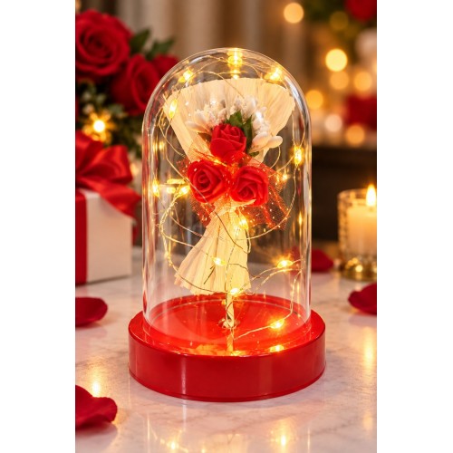 Işıklı Mika Fanus İçinde Mini Kırmızı Gül Buketi Romantik Sevgiliye Hediye Dekoratif Aranjman 14 cm