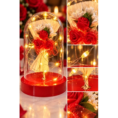Işıklı Mika Fanus İçinde Mini Kırmızı Gül Buketi Romantik Sevgiliye Hediye Dekoratif Aranjman 14 cm