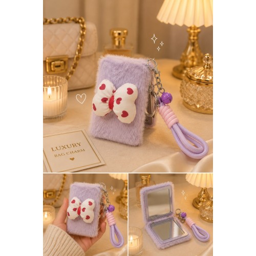 Peluş Papyon  Detaylı Cep Aynası Anahtarlık – Kawaii Çanta Charmı Cep Çanta Makyaj Aynası-B