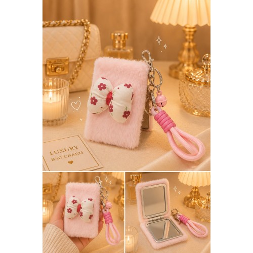 Peluş Papyon  Detaylı Cep Aynası Anahtarlık – Kawaii Çanta Charmı Cep Çanta Makyaj Aynası-B