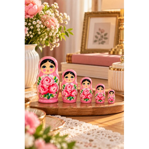 5’li Matruşka Bebek Seti El Boyaması Çiçek Desenli Dekoratif Ahşap Rus Bebekleri 12 cm Pembe