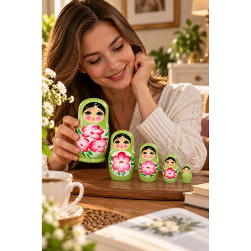 5’li Matruşka Bebek Seti El Boyaması Çiçek Desenli Dekoratif Ahşap Rus Bebekleri 12 cm Yeşil