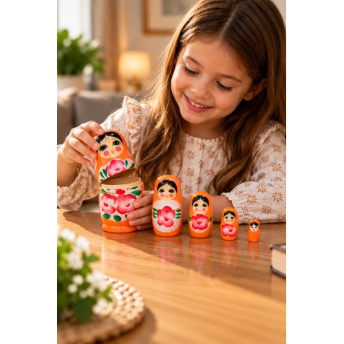 5’li Matruşka Bebek Seti El Boyaması Çiçek Desenli Dekoratif Ahşap Rus Bebekleri 12 cm Turuncu