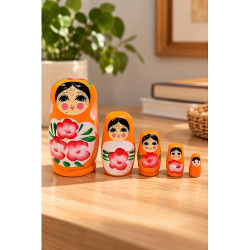 5’li Matruşka Bebek Seti El Boyaması Çiçek Desenli Dekoratif Ahşap Rus Bebekleri 12 cm Turuncu