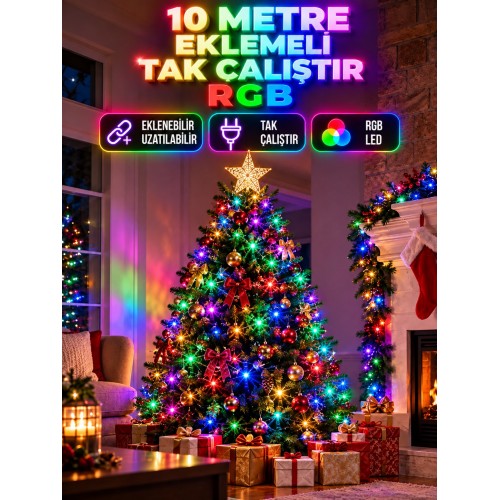 10 Metre 100 LED RGB Eklemeli Renkli Peri LED Işık Tak Çalıştır Yılbaşı Dekorasyon
