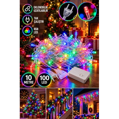 10 Metre 100 LED RGB Eklemeli Renkli Peri LED Işık Tak Çalıştır Yılbaşı Dekorasyon
