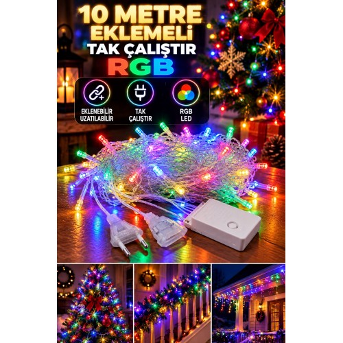 10 Metre 100 LED RGB Eklemeli Renkli Peri LED Işık Tak Çalıştır Yılbaşı Dekorasyon