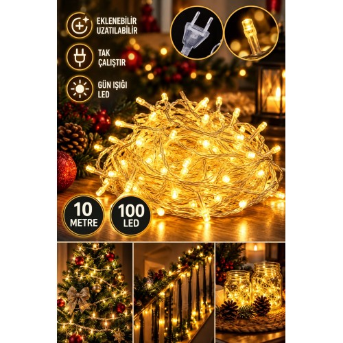 10 Metre 100 LED Eklemeli Gün Işığı Peri LED Şerit Işık Tak Çalıştır Yılbaşı Dekorasyon