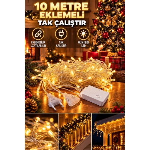 10 Metre 100 LED Eklemeli Gün Işığı Peri LED Şerit Işık Tak Çalıştır Yılbaşı Dekorasyon