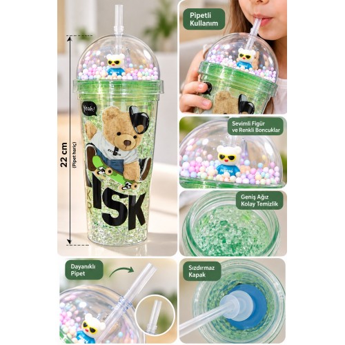Pipetli Çocuk Suluk 22 cm Sevimli Ayıcık Desenli Renkli Boncuklu Eğlenceli Su Bardağı Yeşil
