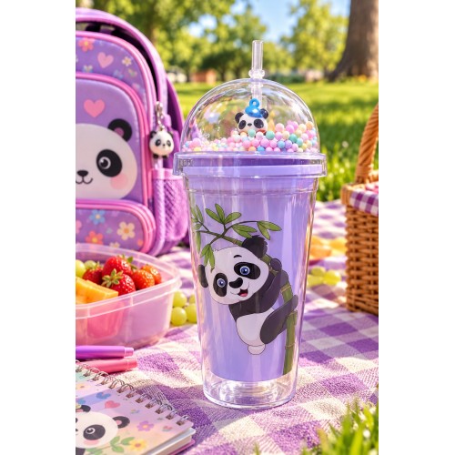 Panda Desenli Pipetli Suluk 22 cm – Renkli Boncuklu Kubbe Kapaklı Matara – Okul ve Piknik İçin Mor