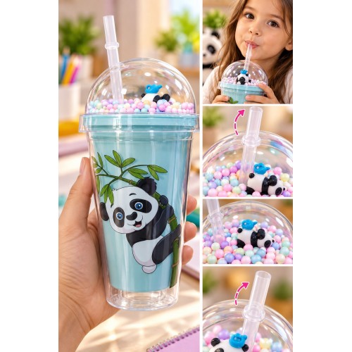 Panda Desenli Pipetli Suluk 22 cm – Renkli Boncuklu Kubbe Kapaklı Matara – Okul ve Piknik İçin Mavi