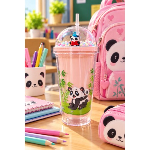 Panda Pipetli Suluk 22 cm – Renkli Boncuklu Kubbe Kapaklı Matara – Okul ve Piknik İçin Pembe 2770