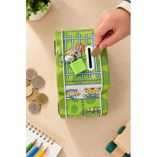 Çocuklar İçin Araba Şeklinde Metal Kumbara Kilitli Anahtarlı Para Biriktirme Kutusu 9x15 cm Yeşil