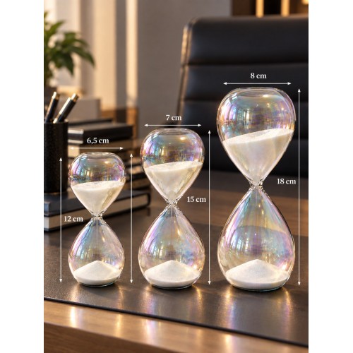 Sedefli Parlak Camlı 3'lü Dekoratif Kum Saati Seti 5-10-15 Dakika Krem Renkli Kum Saati 3 Adet