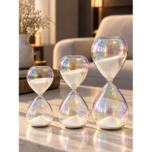 Sedefli Parlak Camlı 3'lü Dekoratif Kum Saati Seti 5-10-15 Dakika Krem Renkli Kum Saati 3 Adet