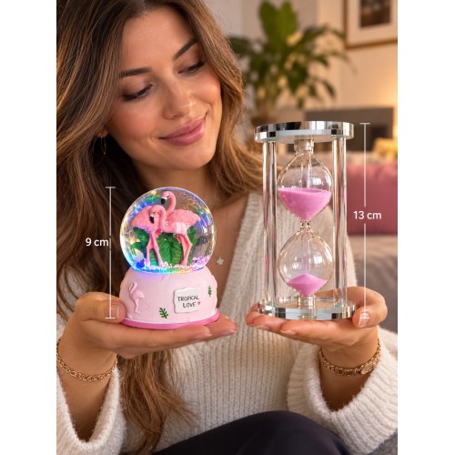 Flamingo Temalı RGB Işıklı Kar Küresi 9 cm & 5 Dakikalık Kum Saati 13 cm Dekoratif Hediye Seti