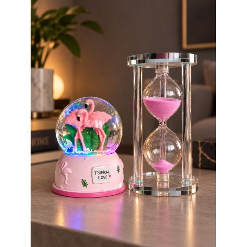 Flamingo Temalı RGB Işıklı Kar Küresi 9 cm & 5 Dakikalık Kum Saati 13 cm Dekoratif Hediye Seti