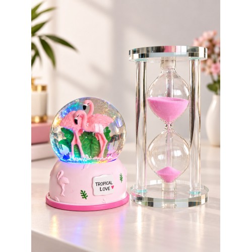 Flamingo Temalı RGB Işıklı Kar Küresi 9 cm & 5 Dakikalık Kum Saati 13 cm Dekoratif Hediye Seti