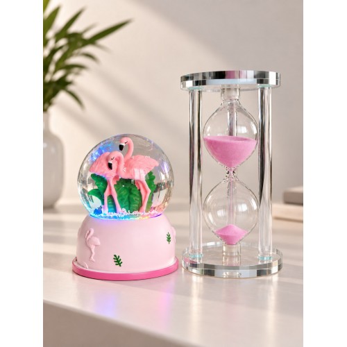 Flamingo Temalı RGB Işıklı Kar Küresi 9 cm & 5 Dakikalık Kum Saati 13 cm Dekoratif Hediye Seti