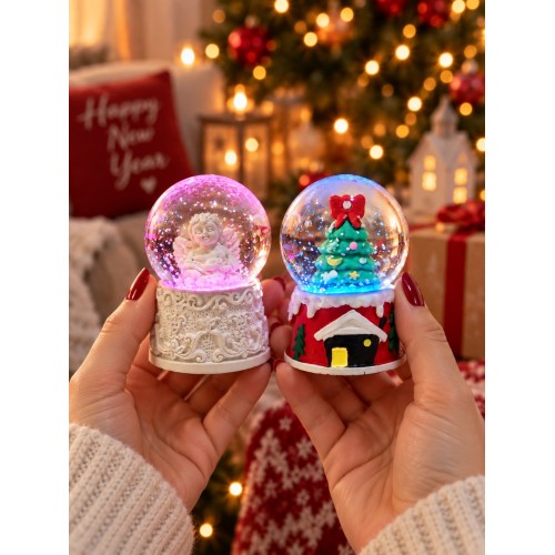 2'li Set Işıklı Mini Kar Küresi 6,5 cm Yılbaşı Çam Ağacı ve Melek Temalı Kar Küresi