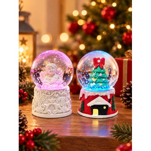2'li Set Işıklı Mini Kar Küresi 6,5 cm Yılbaşı Çam Ağacı ve Melek Temalı Kar Küresi