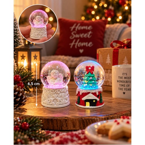 2'li Set Işıklı Mini Kar Küresi 6,5 cm Yılbaşı Çam Ağacı ve Melek Temalı Kar Küresi