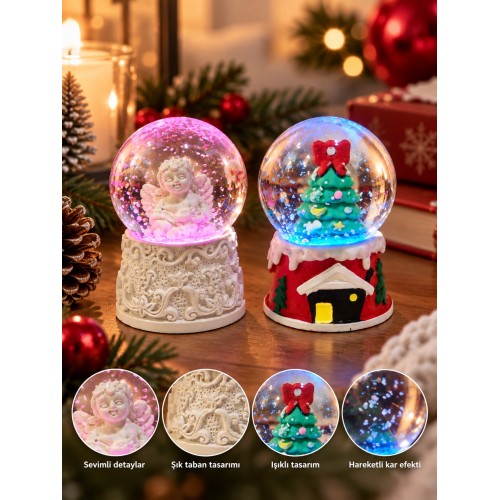 2'li Set Işıklı Mini Kar Küresi 6,5 cm Yılbaşı Çam Ağacı ve Melek Temalı Kar Küresi