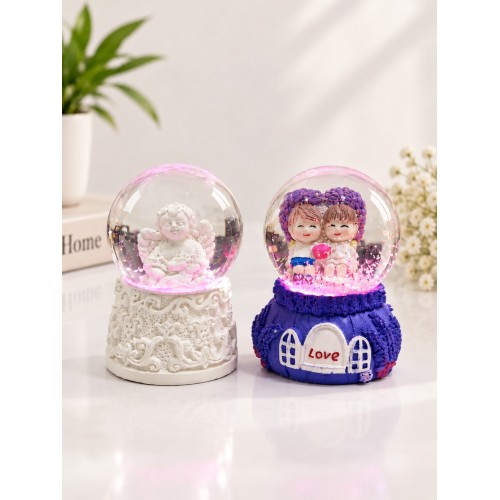 2' li Set Işıklı Kar Küresi 6,5 cm Dekoratif Melek ve Sevgililer Kar Küresi Sevgiliye Eşe Hediye 
