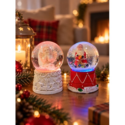 2'li Set Işıklı Kar Küresi 6,5 cm Yılbaşı Dekoratif Kar Küresi Noel Baba ve Melek Figürlü