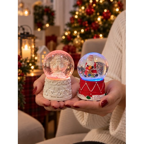 2'li Set Işıklı Kar Küresi 6,5 cm Yılbaşı Dekoratif Kar Küresi Noel Baba ve Melek Figürlü