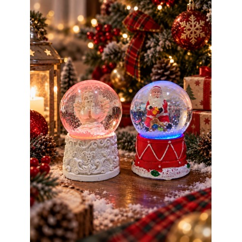2'li Set Işıklı Kar Küresi 6,5 cm Yılbaşı Dekoratif Kar Küresi Noel Baba ve Melek Figürlü
