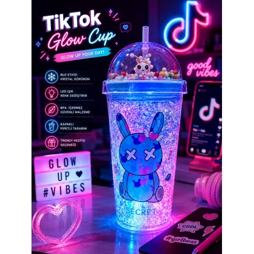 Tavşan Figürlü Pipetli Suluk Buz Görünümlü Led Işıklı 450 ML Çift Katman Mika Su Şişesi 2087 Mavi