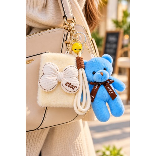 Peluş Fiyonk Detaylı Cep Aynası Anahtarlık Ve Peluş Ayıcık Set – Kawaii Çanta Charmı Makyaj Aynası-B