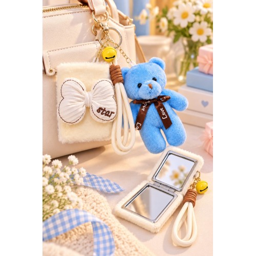 Peluş Fiyonk Detaylı Cep Aynası Anahtarlık Ve Peluş Ayıcık Set – Kawaii Çanta Charmı Makyaj Aynası-B