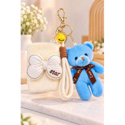 Peluş Fiyonk Detaylı Cep Aynası Anahtarlık Ve Peluş Ayıcık Set – Kawaii Çanta Charmı Makyaj Aynası-B
