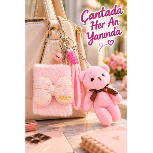 Peluş Fiyonk Detaylı Cep Aynası Anahtarlık Ve Peluş Ayıcık Set – Kawaii Çanta Charmı Makyaj Aynası-P
