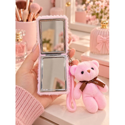 Peluş Fiyonk Detaylı Cep Aynası Anahtarlık Ve Peluş Ayıcık Set – Kawaii Çanta Charmı Makyaj Aynası-P