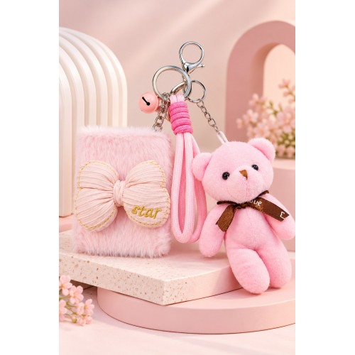 Peluş Fiyonk Detaylı Cep Aynası Anahtarlık Ve Peluş Ayıcık Set – Kawaii Çanta Charmı Makyaj Aynası-P