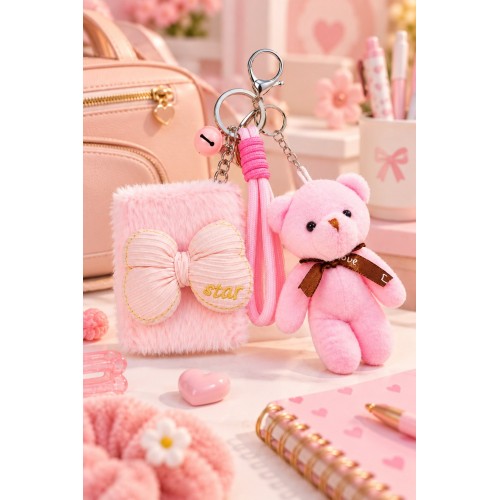Peluş Fiyonk Detaylı Cep Aynası Anahtarlık Ve Peluş Ayıcık Set – Kawaii Çanta Charmı Makyaj Aynası-P