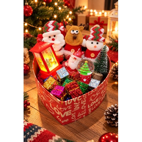 Yılbaşı Hediye Seti Kalp Kutulu LED Işıklı Kandil, Peluş Çam Ağacı Süsleri, Kar Küresi ve Noel 