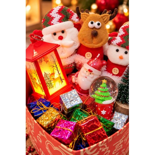 Yılbaşı Hediye Seti Kalp Kutulu LED Işıklı Kandil, Peluş Çam Ağacı Süsleri, Kar Küresi ve Noel 