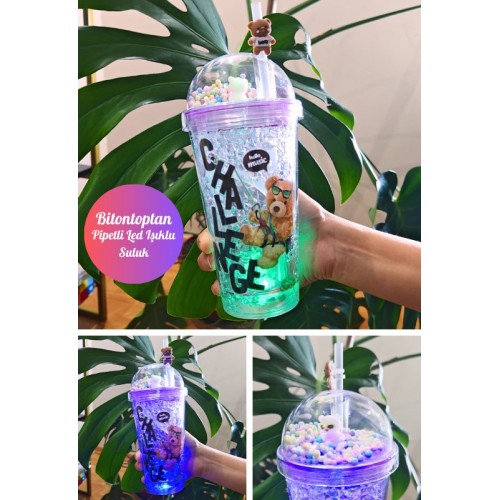 Challange Ayıcık Suluk Pipetli Buzlu Cam Görünümlü Led Işıklı 450 ML Çift Katman Mika 2768 Mor
