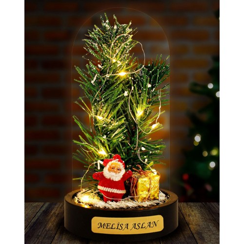 Kişiye Özel Hediye Noel Baba ve Çam Ağacı Temalı Led Işıklı Fanus